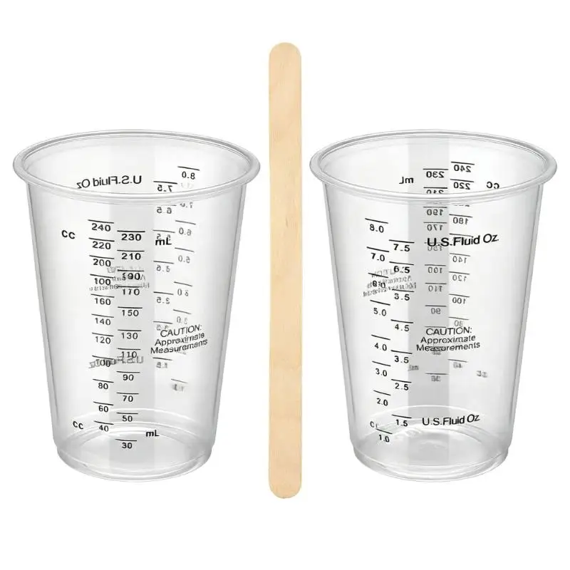 8-Ounce Paint and Epoxy Mixing Cup Set with Printed Ounce and Milliliter Scale, Clear Plastic Cup and Wooden Stir D2RC
