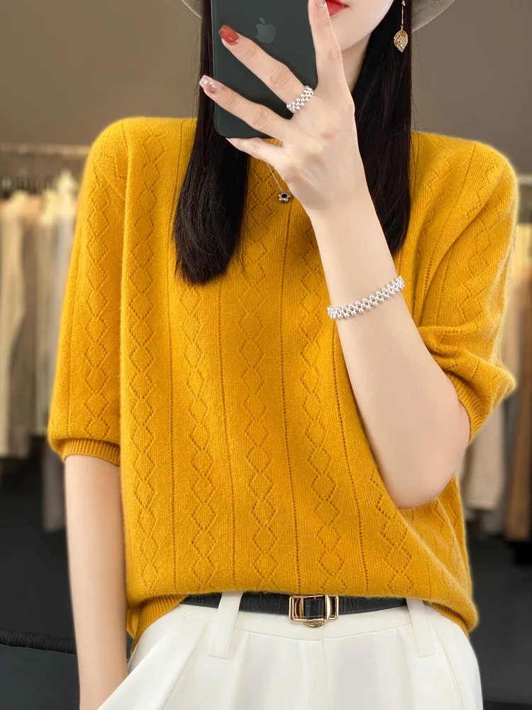 100% Merino Wool Women\' Sweater Spring Summer O-Neck Diamond Solid Color Hollow Out Solid Color Pullover Short Sleeved Soft Tops