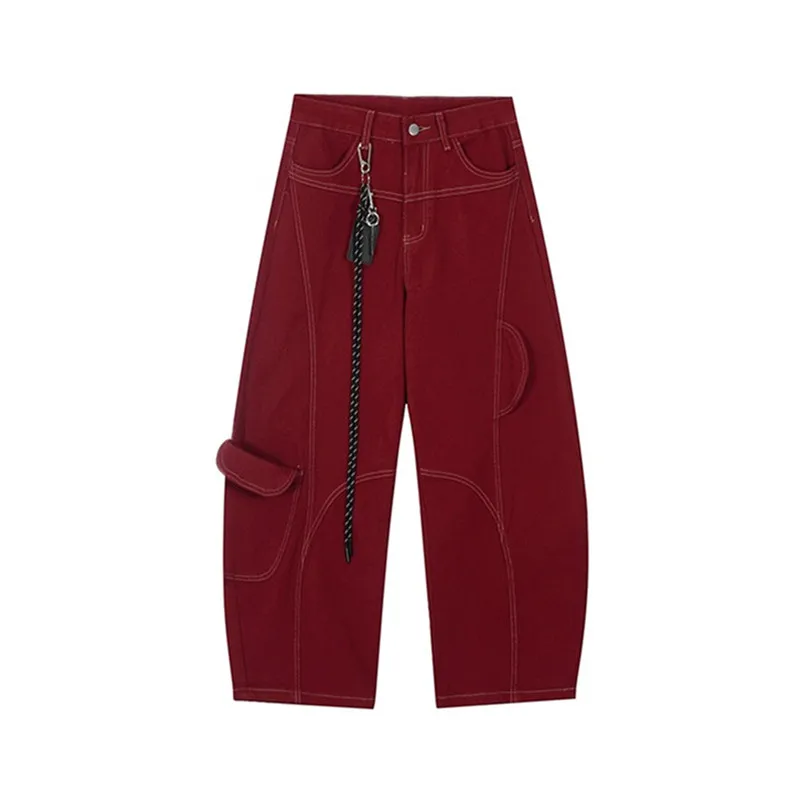 Femmes Cyber Y2K rétro rouge Patchwork Baggy Cargo jean haute rue Vintage jambe large Denim pantalon Streetwear pantalon ample