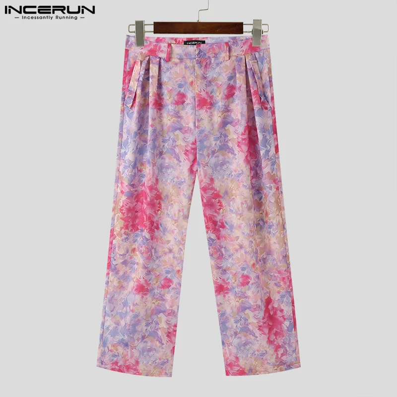 2024 Men's Straight Pants Flower Printing Button Joggers Korean Casual Trousers Men Streetwear Loose Fashion Pants S-5XL INCERUN