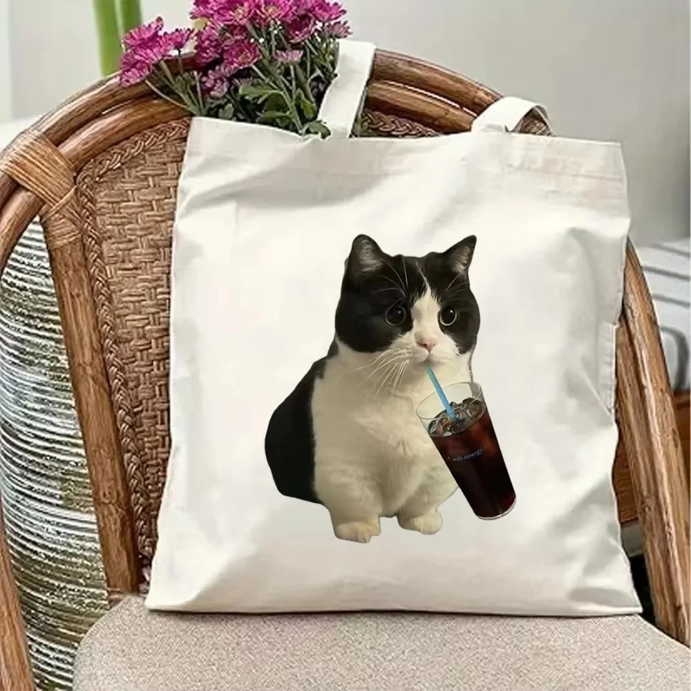 Lustige Orangefarbene Katzen-Bedruckte Canvas-Tragetasche Erdbeerkuchen-Kätzchen Damen-Schultertasche Umweltfreundliche Wiederverwendbare Einkaufstasche – Detail 7