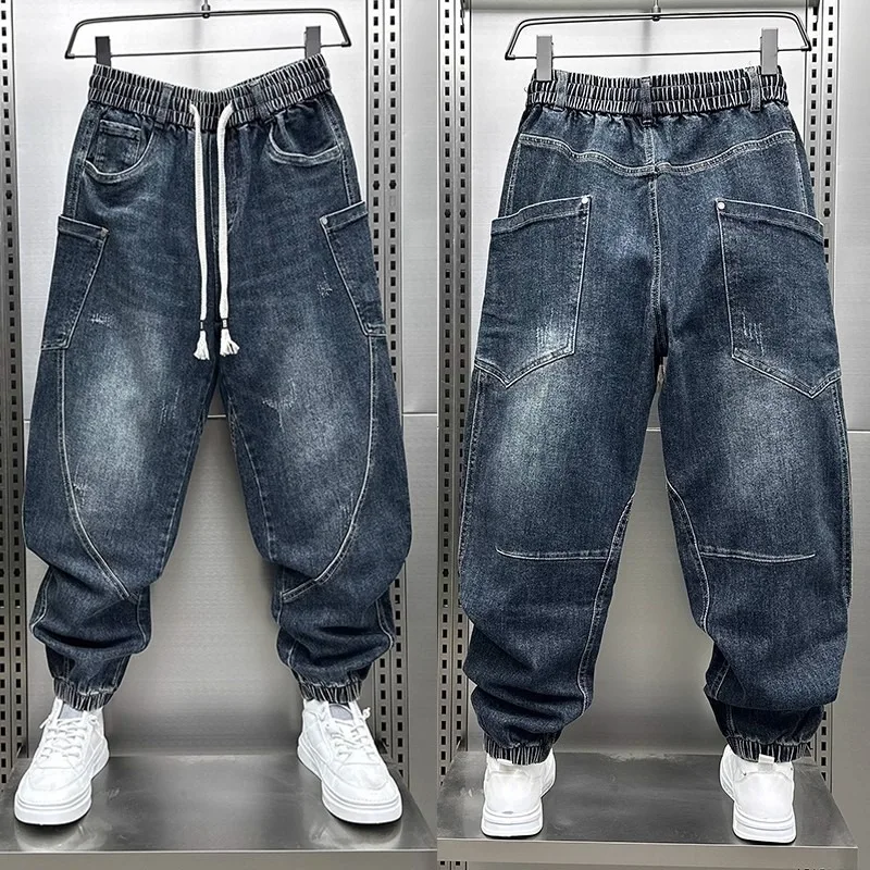 

Свободные мужские джинсы Thiened на осень-зиму, большие размеры 250, рабочая одежда, джинсы в стиле пэчворк, прямые джинсы с завязками и манжетами