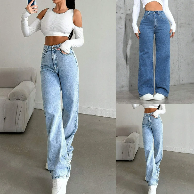 Women Jeans Straight Pants Denim Casual Trousers Lady Washed Jeans Spring Vintage Button Pockets Long Pant Spliced Streetwear