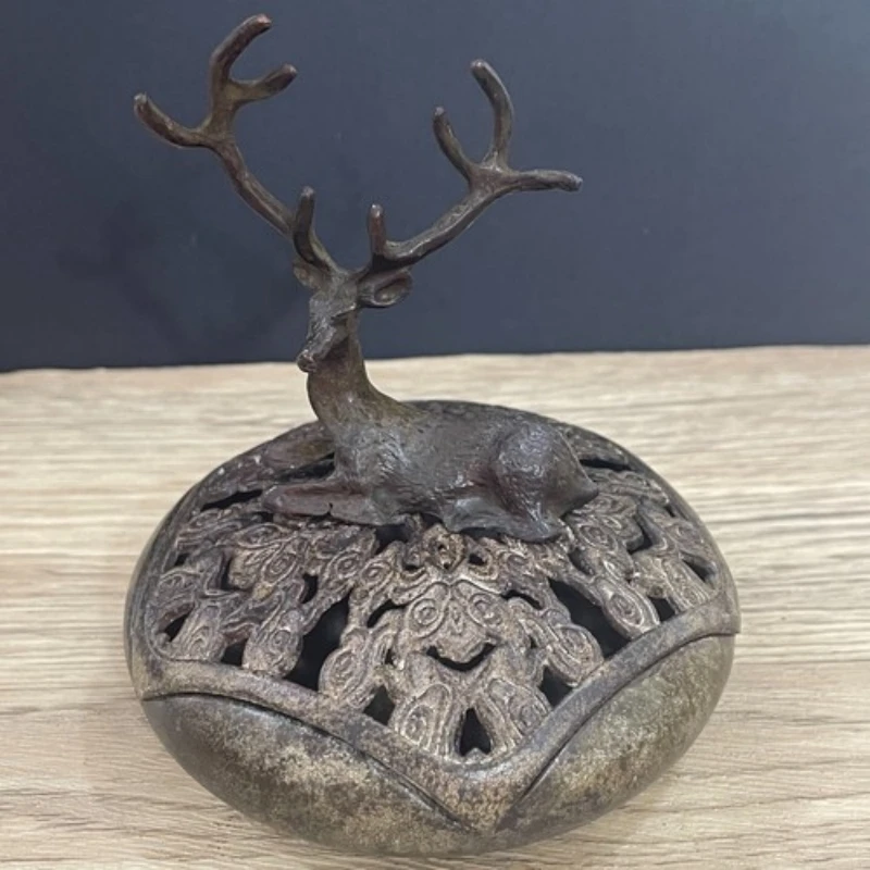 

3.34" Old Chinese Copper hollow out auspicious clouds Sika deer Incense Burners