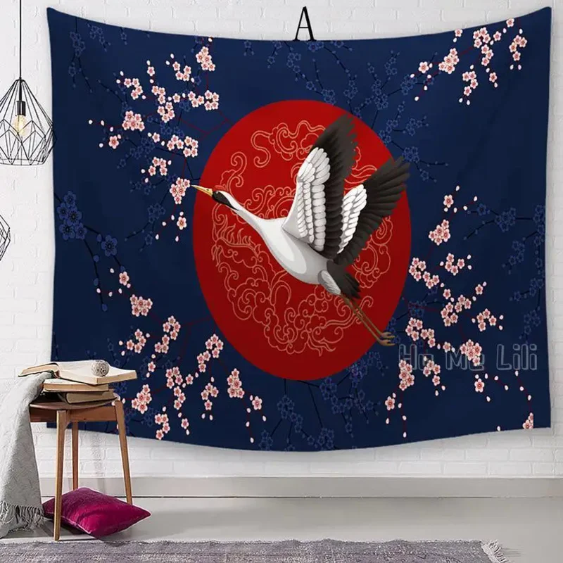 Japanese Style Tapestry Crane Printed Modern Wall Hanging Interior Decoration