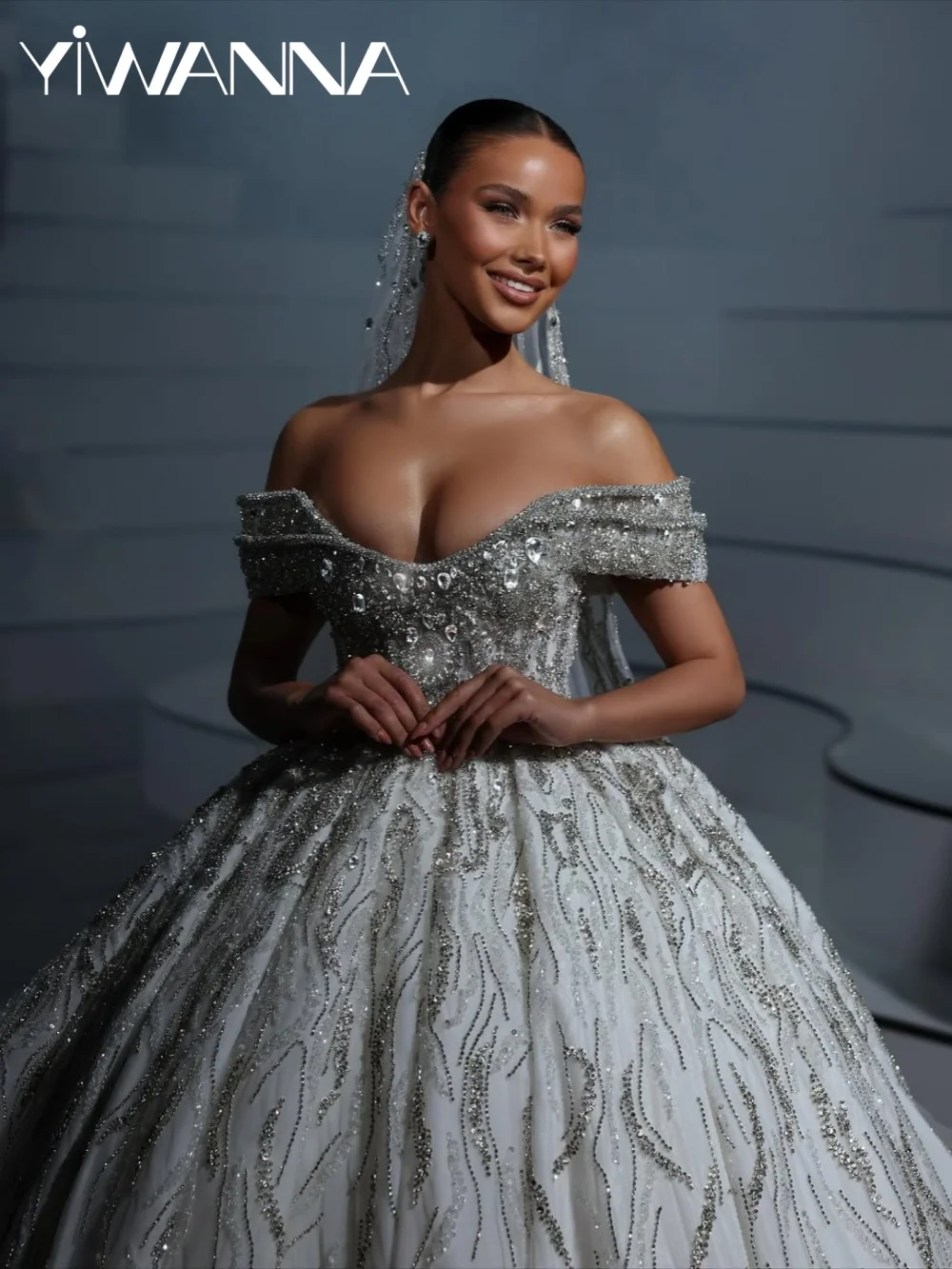 Silver Crystal Embroidery Wedding Dress Dreamy Off Shoulder Long Bridal Gown Customized Gorgeous Stunning Dresses For Bride