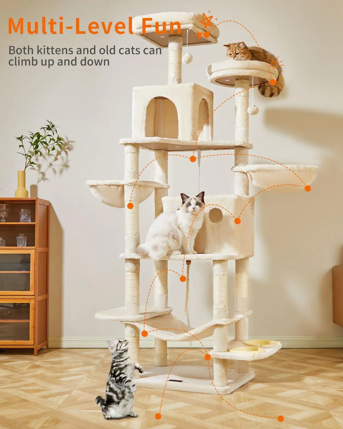 Cat Tree, 71.7-Inch Cat Tower for Indoor Cats, Plush Multi-Level Cat Condo with 13 Scratching Posts, 2 Perches, 2 Caves, Hammock