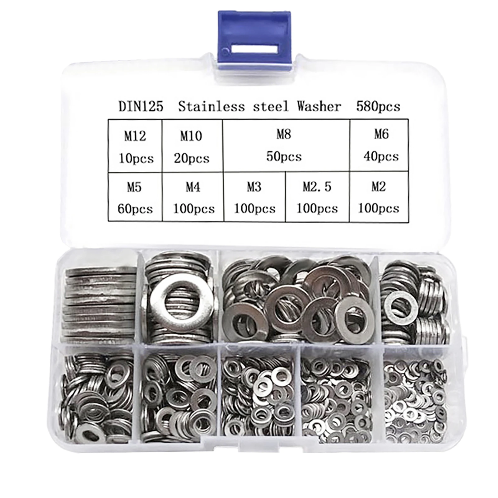 580pcs Stainless Steel Flat Washer Ring Plain Washer Gaskets Assortment Kit for Metal Screws Repair Tools Building Rail Supplies