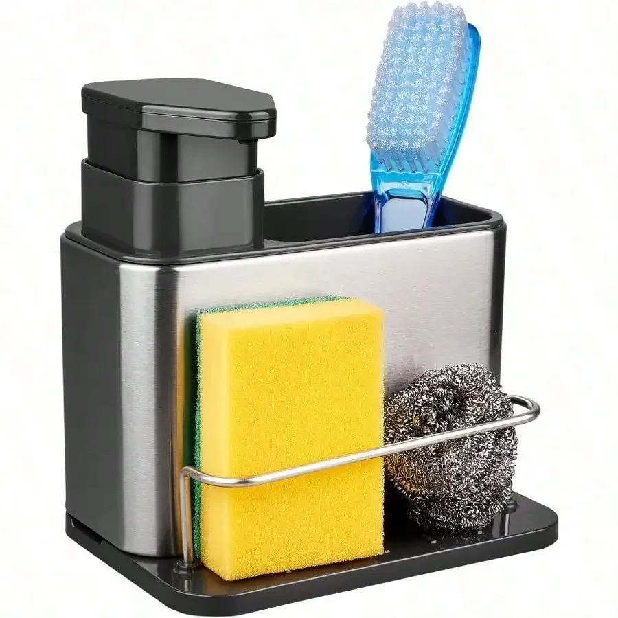 3-In-1 Soap Dispenser With Sponge Holder For Kitchen & Bathroom Sink, Stainless Steel Sink Caddy Organizer With Dish Brush And Scrubber