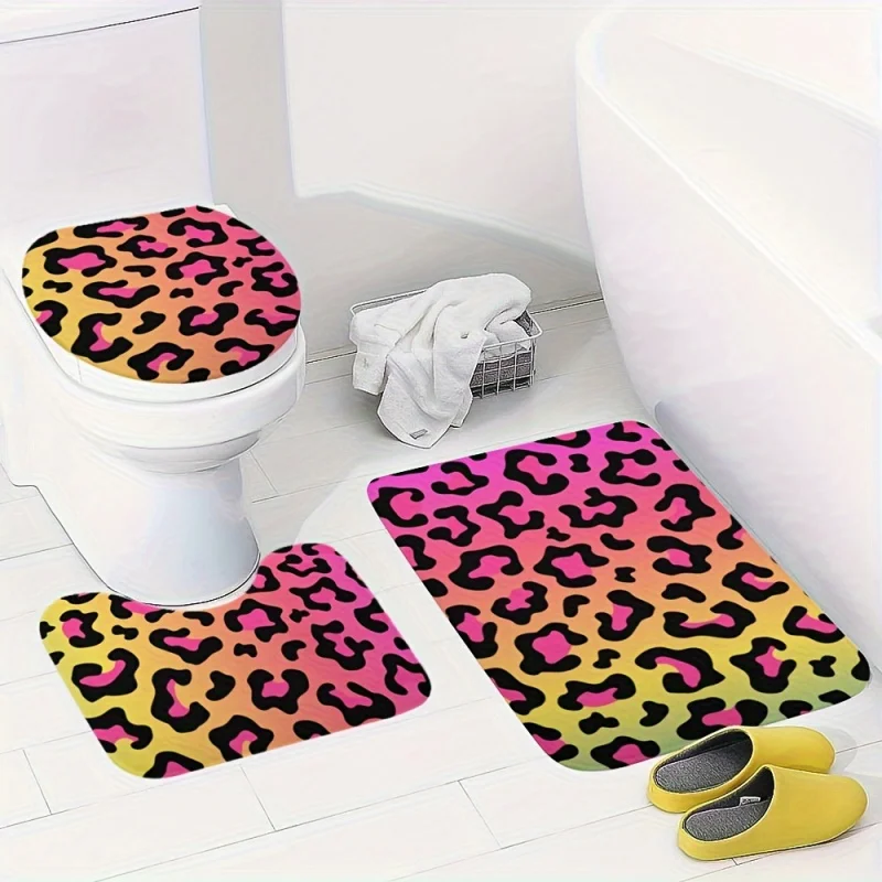 Durable Design, colorful leopard print 3PCs bathroom rug set-non-slip, absorbent microfiber mats with U-shaped toilet mat for