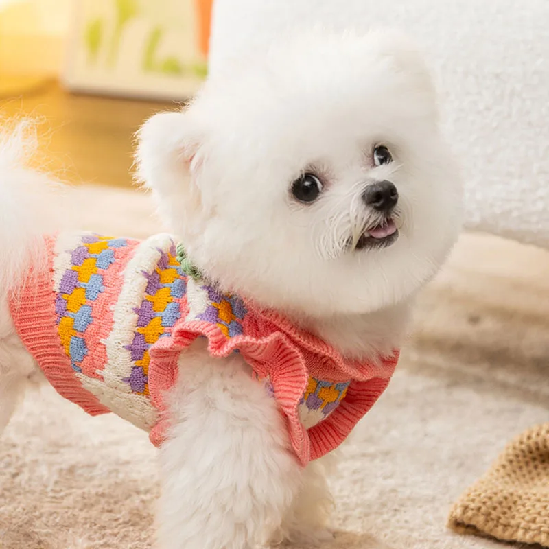 

Winter Dog Sweater Small and Medium Dog Warm Clothes Teddy Bichon Knit Sweater Cat Pink Flower Two Legs Clothes