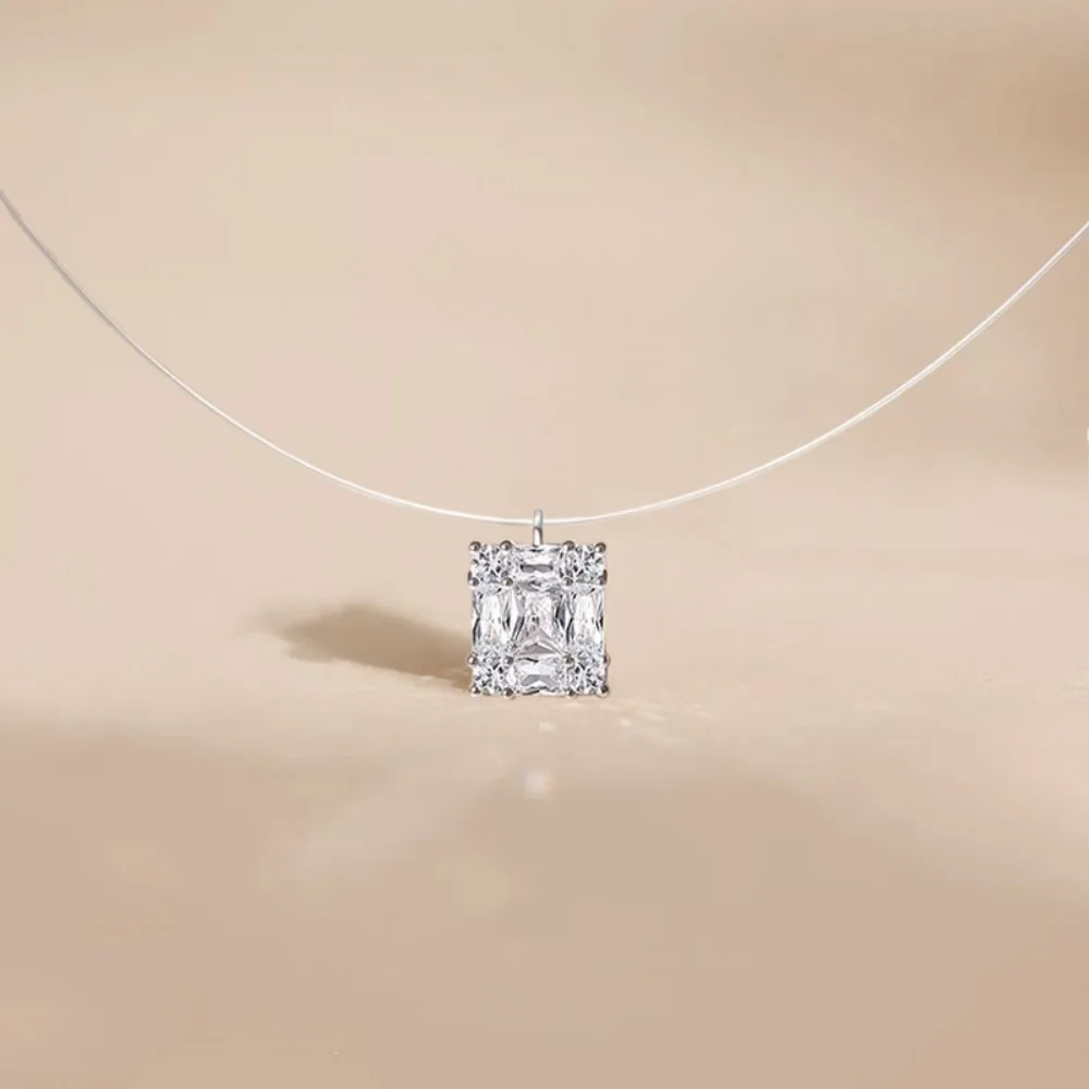Minimalism 925 Sterling Silver Ice Cube Zircon Pendant Extremely Thin Necklace for Women Fashion Versatile Commuting Jewelry