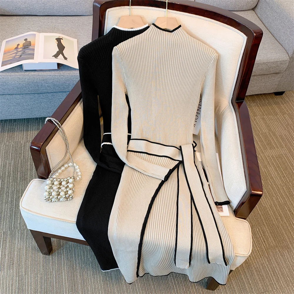 YuooMuoo Marke Mode Spitze-up Gestrickte Kleid Frauen 2025, Herbst Winter Elegante Bodycon Lange Pullover Kleid Büro Dame vestidos