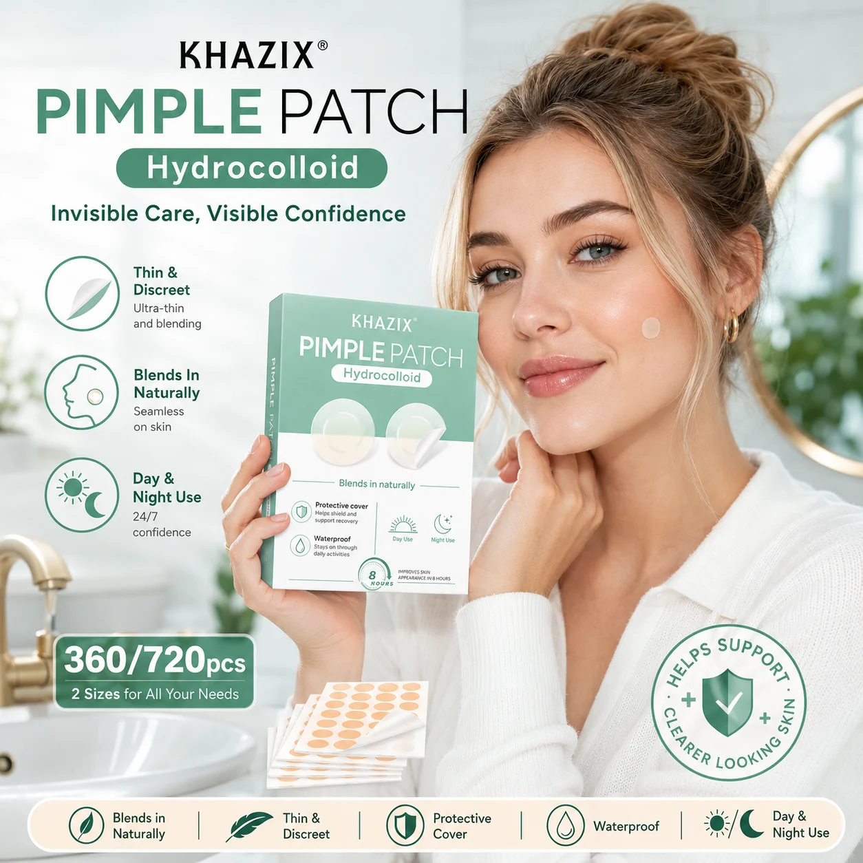 360/720Pcs Hydrocolloid Face Concealer Patches, Invisible Skin Stickers, Waterproof, Nude & Clear, Mixed Sizes, Day & Night Use view 5
