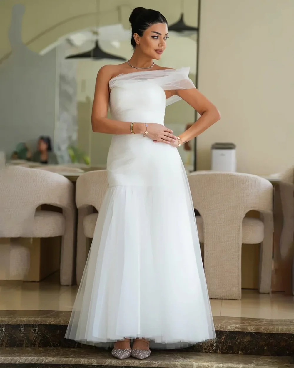 Customized Modest Fashion Tulle Pleat Ruched Mermaid One-shoulder Long Dresses Evening Dresses Sizes Available High Quality