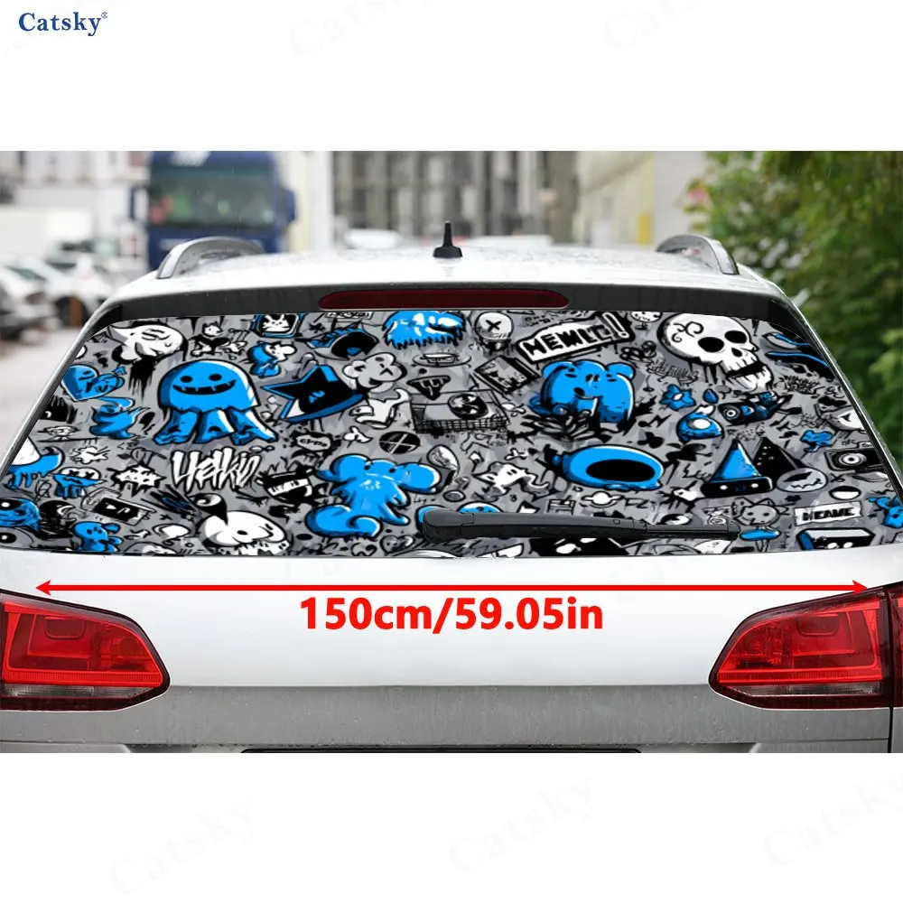 Blue & White Cool Graffiti PVC Perforated Car Vinyl Wraps, Durable Car Rear Windshield Sticker, Waterproof Car Rear Window Decal
