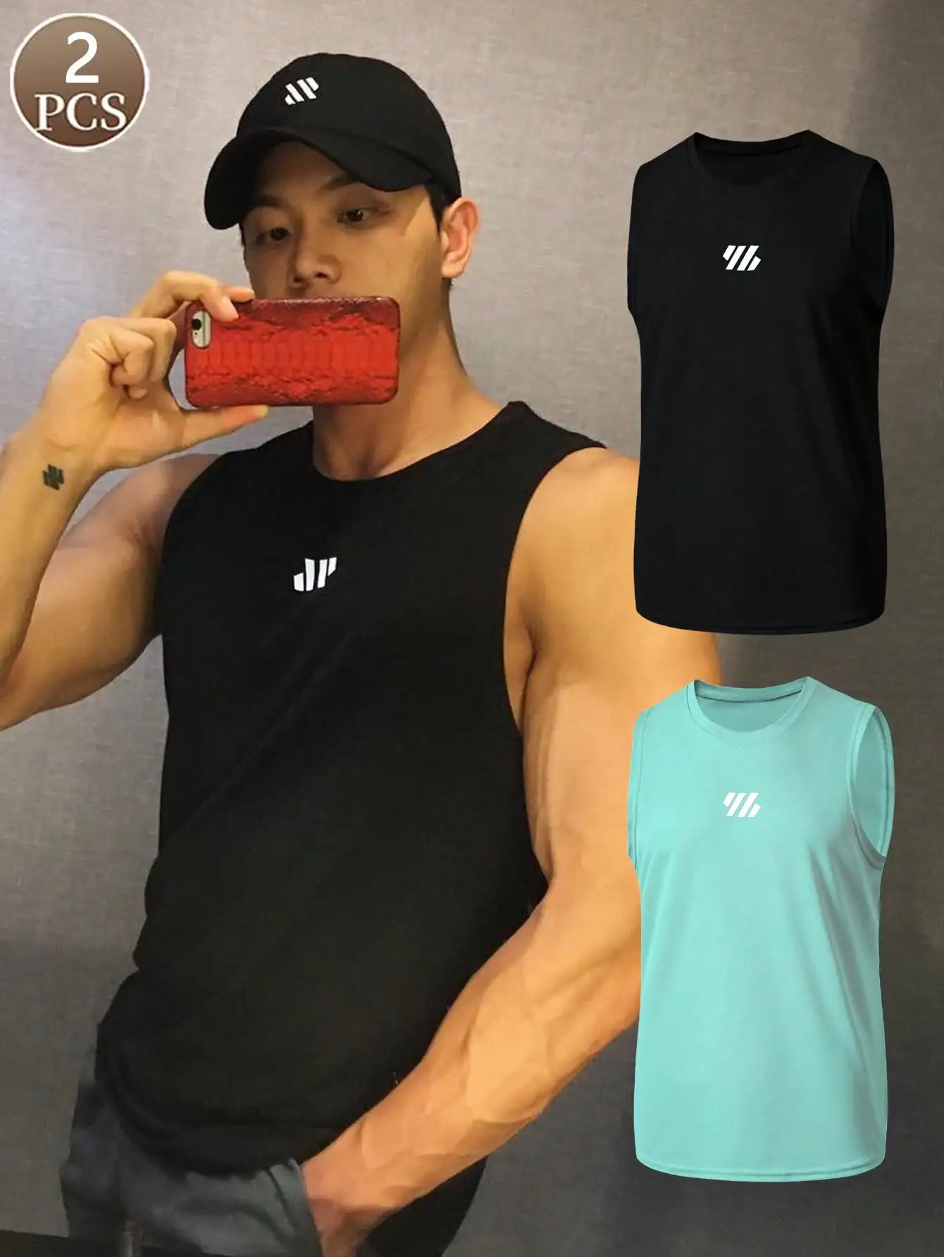 2PCS Solid color casual sports basic knitted fabric Men's vest base top can be worn outside loose comfortable fashionable vest