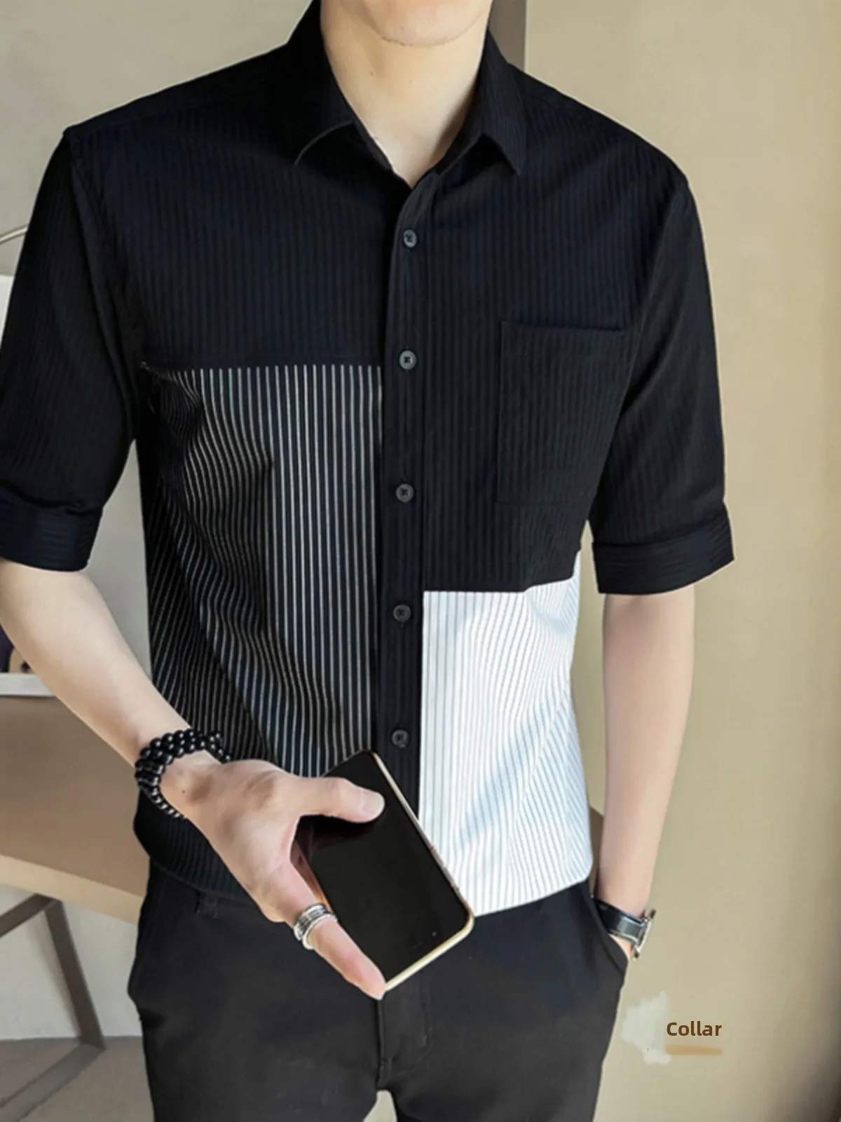 

Men's ort Sve irt Summer 2024 New Trend Brand Stripe Splicing Five Sve Middle Length Men's Faion Stand Fit You...