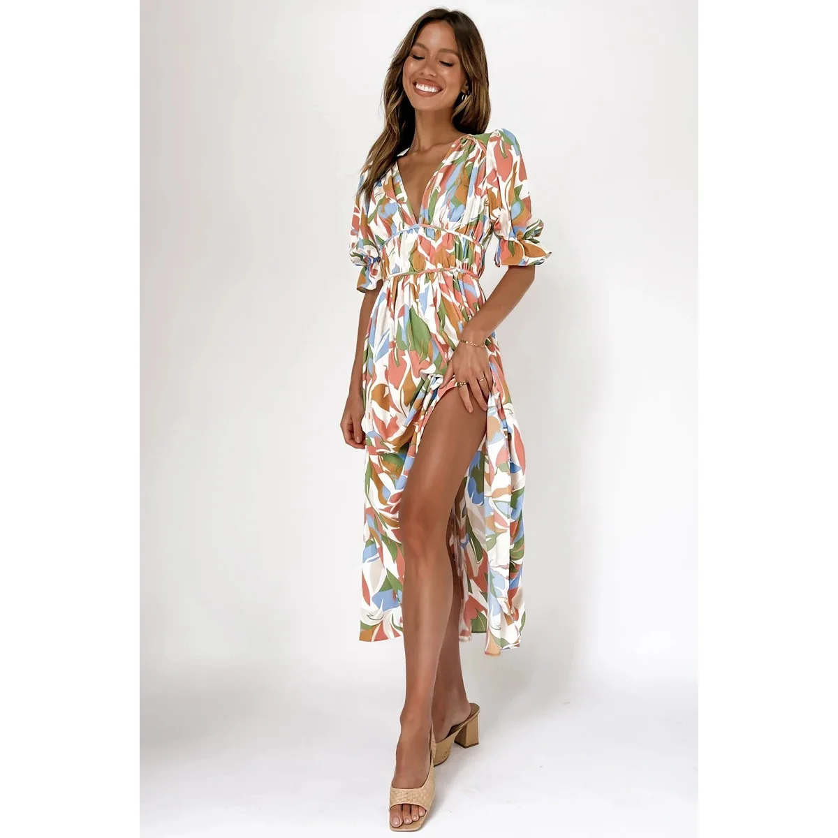 فستان متوسط الطول بطباعة رقمية جديدة لربيع وصيف 2025 22045