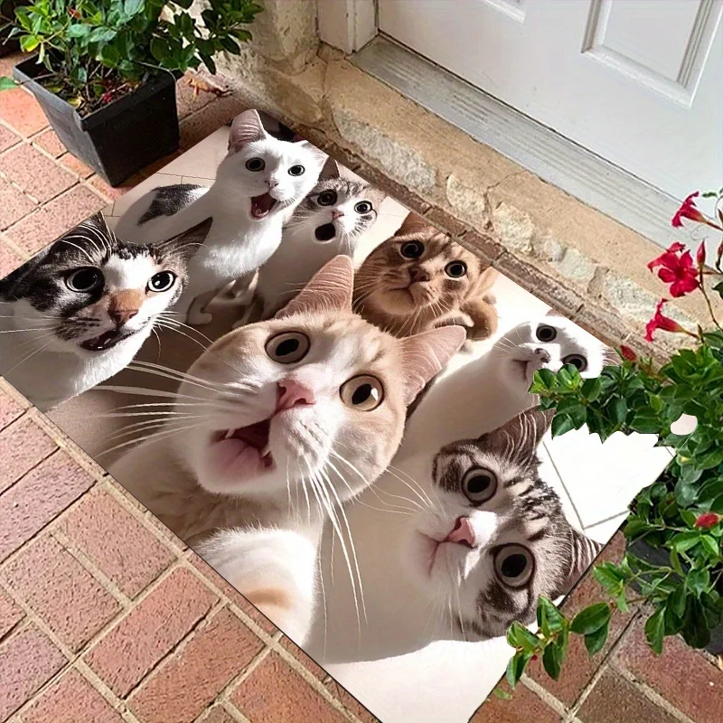 Cute Cat Family Portrait Welcome Doormat Mat Pet Lover Entrance Floor Rug Polyester Waterproof Home Decor Gifts For Cat Owners