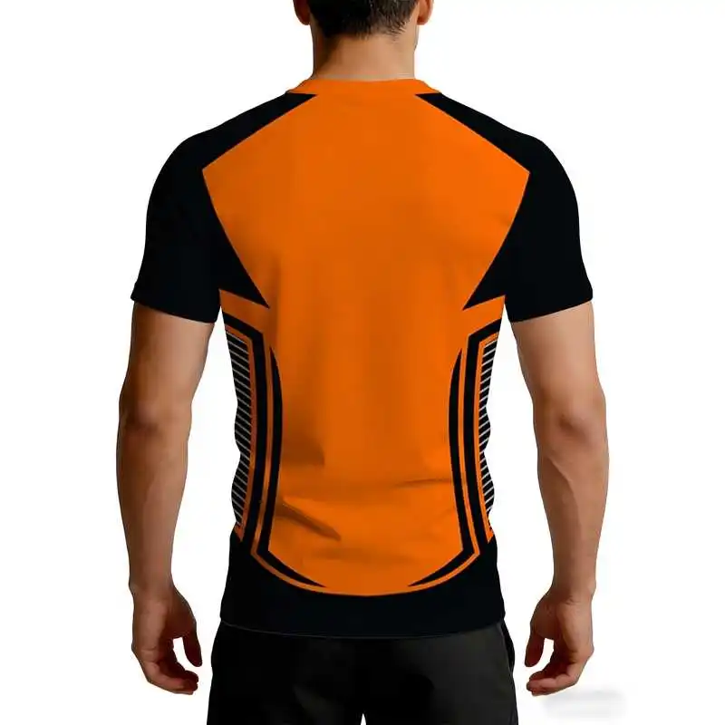 High Elastic Compression Workout T Shirt Bright Orange Black Color Block Side Layered Vertical Stripe Fitness Top For Gym Streng