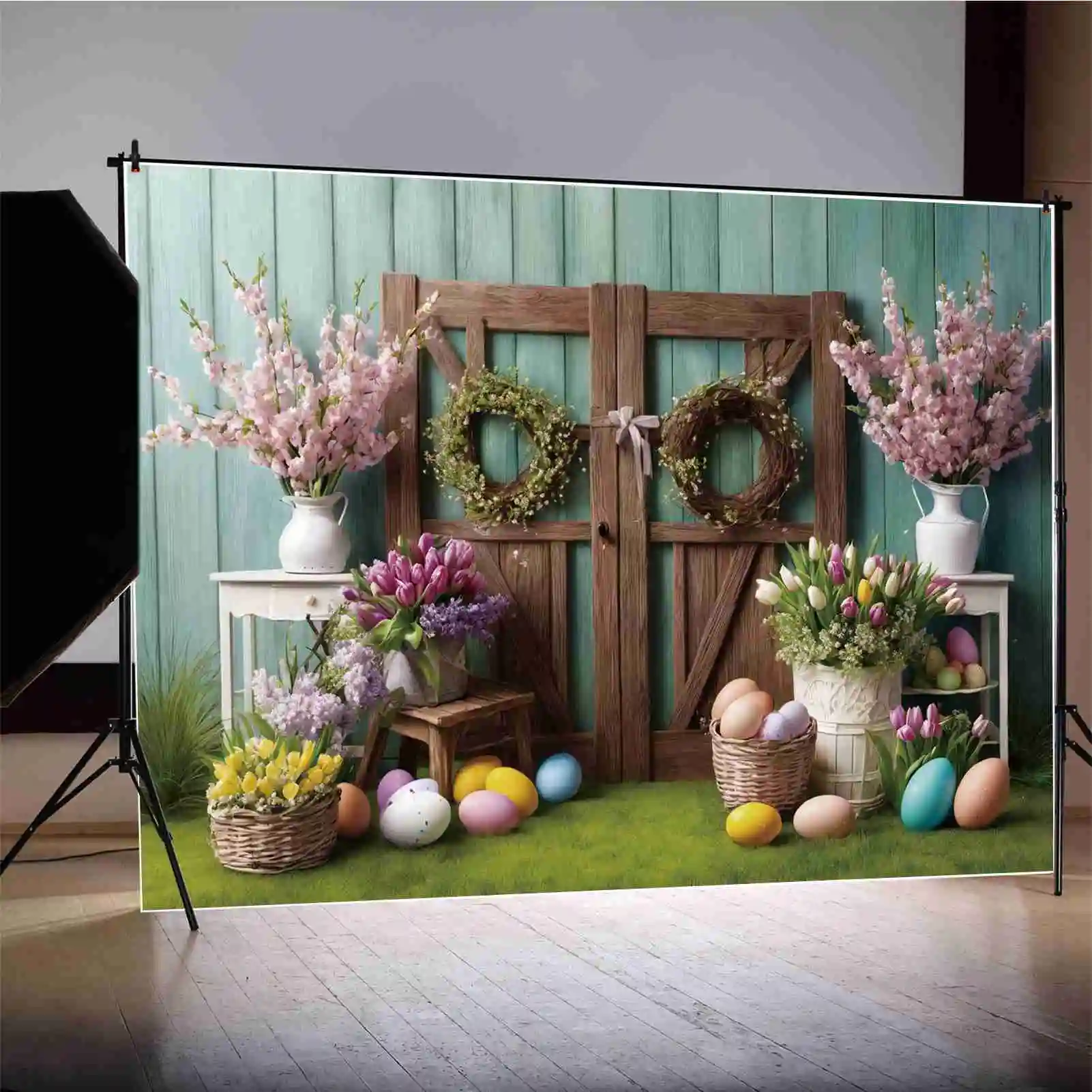 MOON.QG Garland Painted Eggs Colourful Blossom Flowers Blanket Wood Door Grass Easter Background Decoration Photo Backdrop