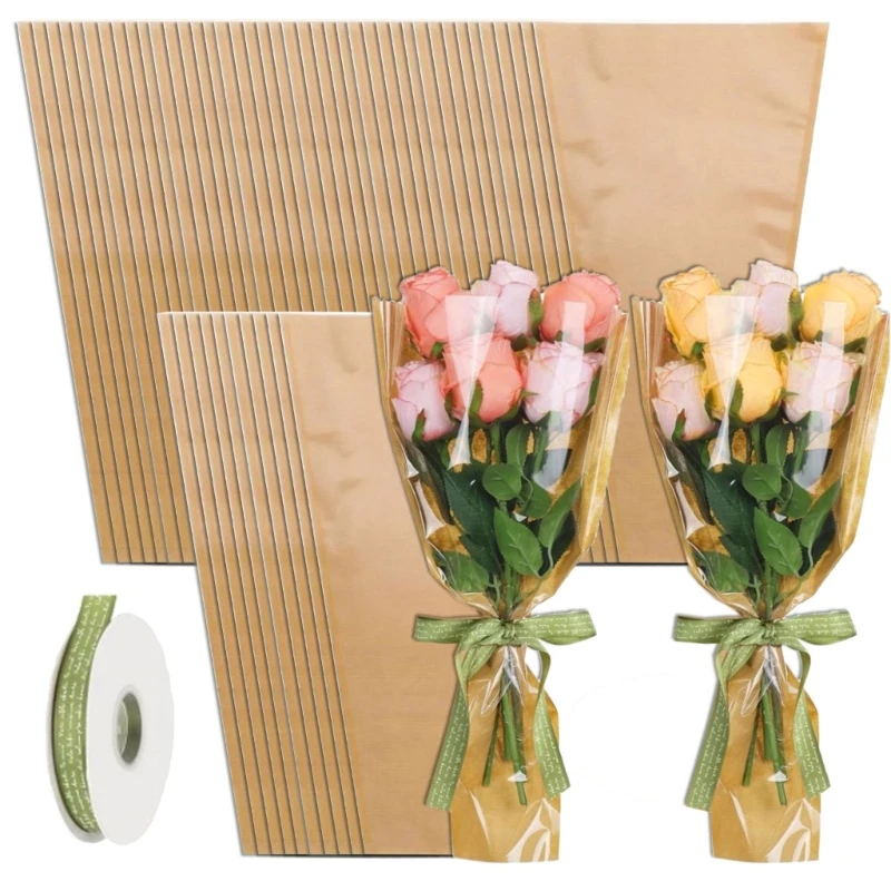 Brown Kraft Paper Bouquets Sleeves Practical Kraft Paper Flower Wrapping Bag for Elegant Bouquets Presentation 50Pcs