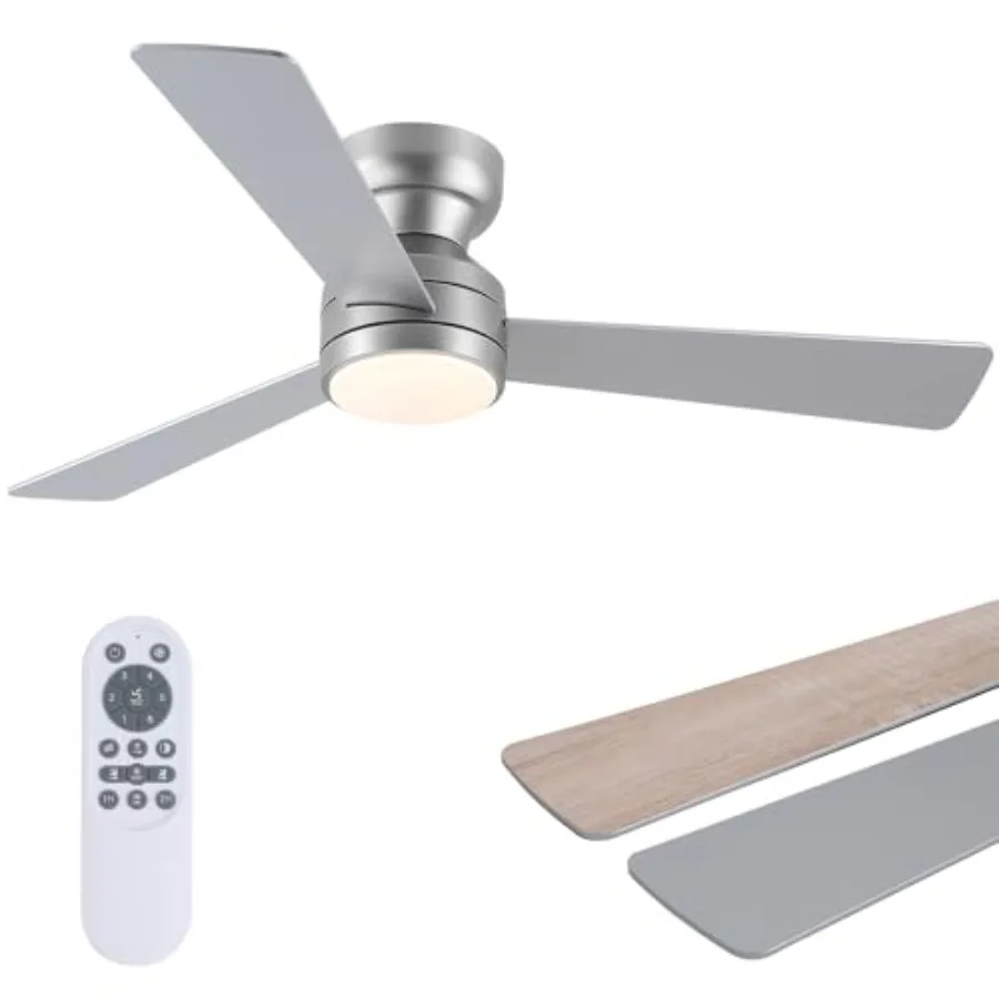 46" Low Profile Ceiling Fan with Light and Remote, Modern Flush Mount Ceiling Fans for Bedroom, Living Room, 6 Speeds, Dimmable