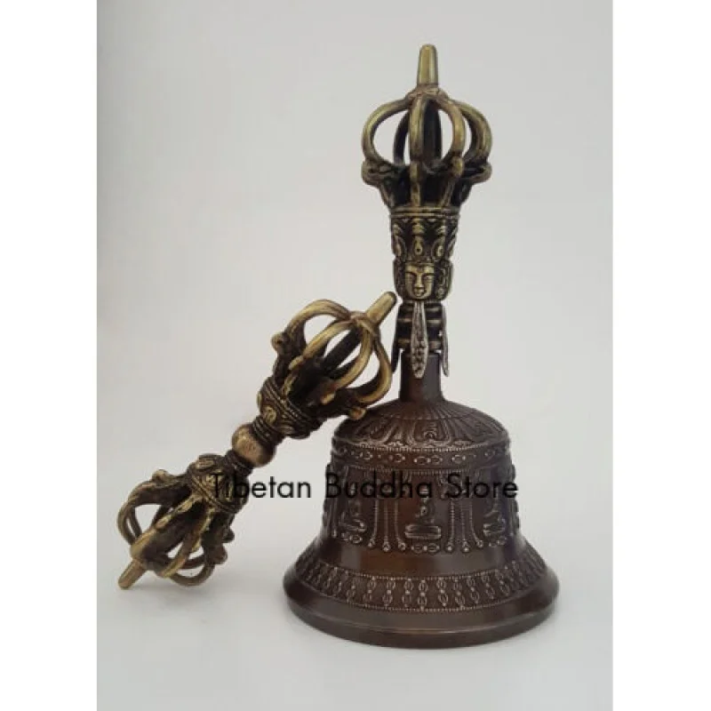 

18cm 7" Tibetan Buddhist 9 Pronged Bronze Bell and Vajra /Dorje Nepal handmade