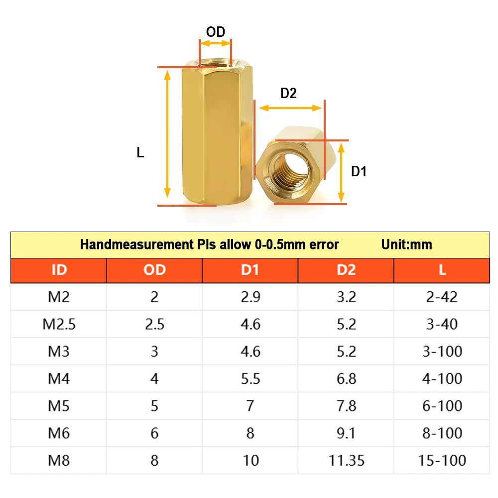Distanziatore esagonale in ottone M2 M2.5 M3 M4 M5 M6 M8 Viti di spaziatura della scheda madre femmina Filettatura metrica Borad Rack Stud Distanziali bulloni Distanziatori