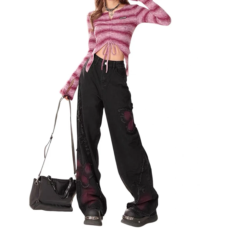 ZHIZOU Jeans larghi a farfalla da donna Pantaloni estetici vintage anni '90 Pantaloni in denim oversize Harajuku Y2k anni 2000 Abiti gotici neri