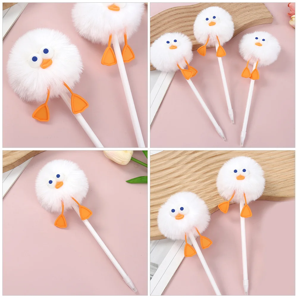 3pcs Adorable Duck Pom Pom Ballpoint Pens Writing Pens For Students Office Smooth Gel Ink Creative Journaling