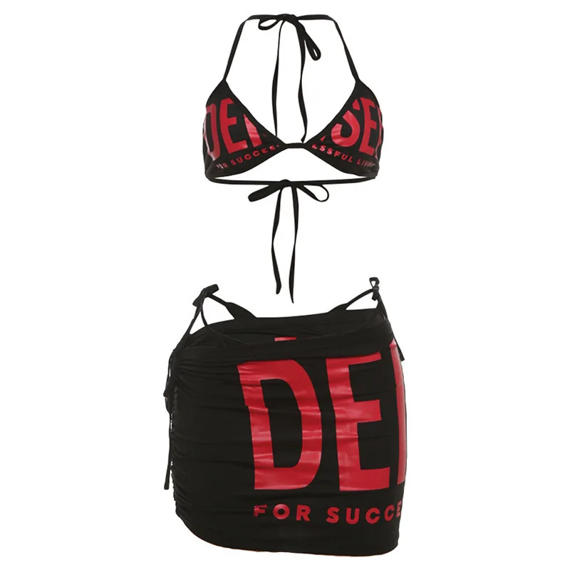

European and American summer casual cross-border hanging neck camisole vest letter printed three-point split bikini set