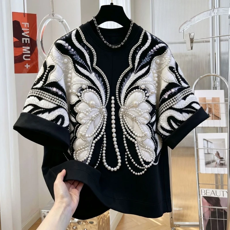 2026 Summer Trend New Bead Butterfly Embroidery Loose Extra Large 145KGT-Shirt Lazy Fashion Men's and Women's Short Sleeve Top