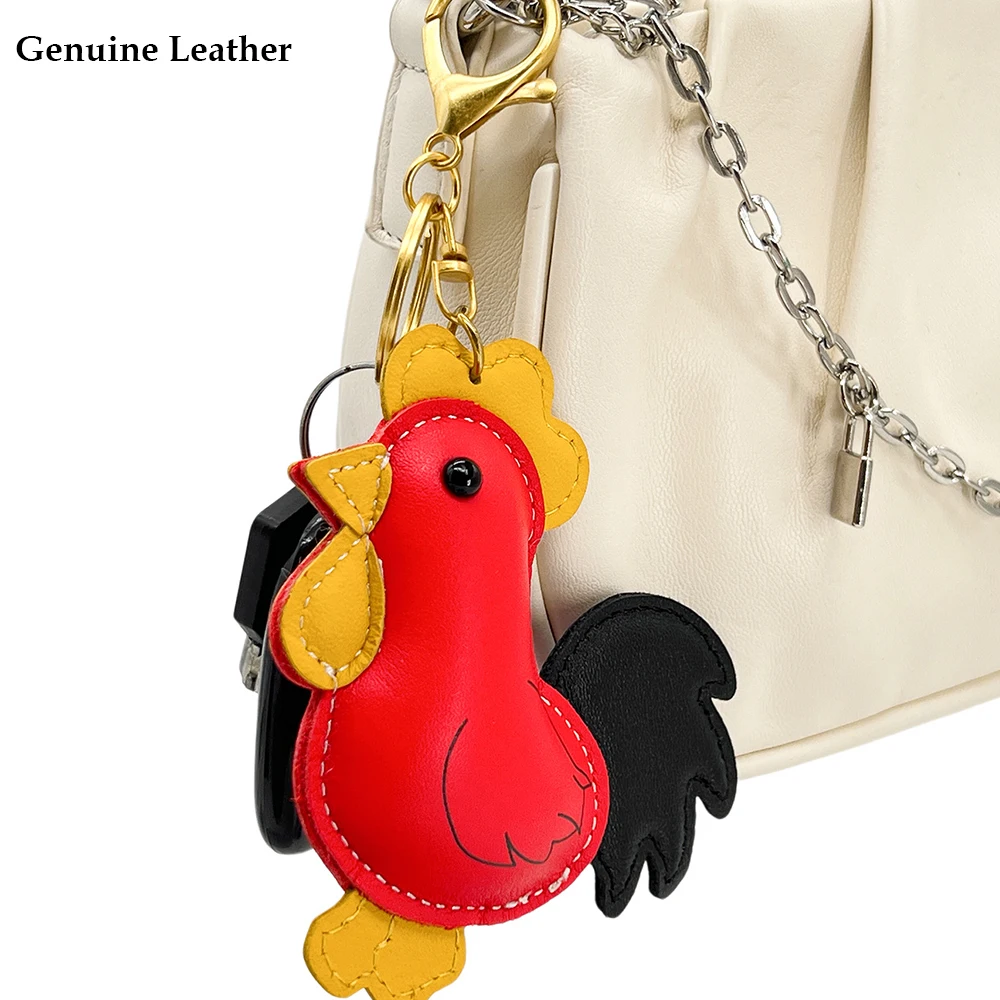Genuine Leather Cartoon Rooster Pendant Keychain Bag Charm Cute Cock Top Layer Cowhide Handbag Charm for Women Purse Accessory