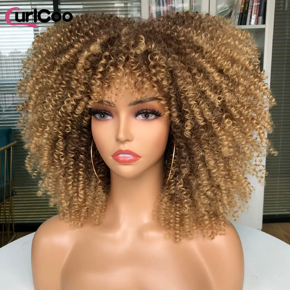 Short Afro Kinky Curly Wigs With Bangs For Black Women Cosplay Lolita Synthetic Natural Hair Ombre Blonde Wig