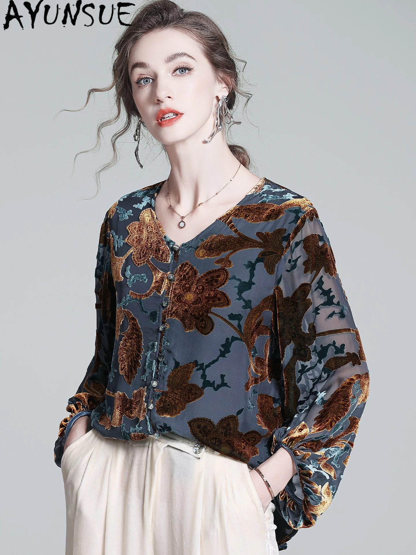 AYUNSUE 47% التوت الحرير 53% قمصان النايلون النساء قمصان أنيقة للمرأة الملابس 2025 الفرنسية ربيع الخريف قميص قميص فام #2