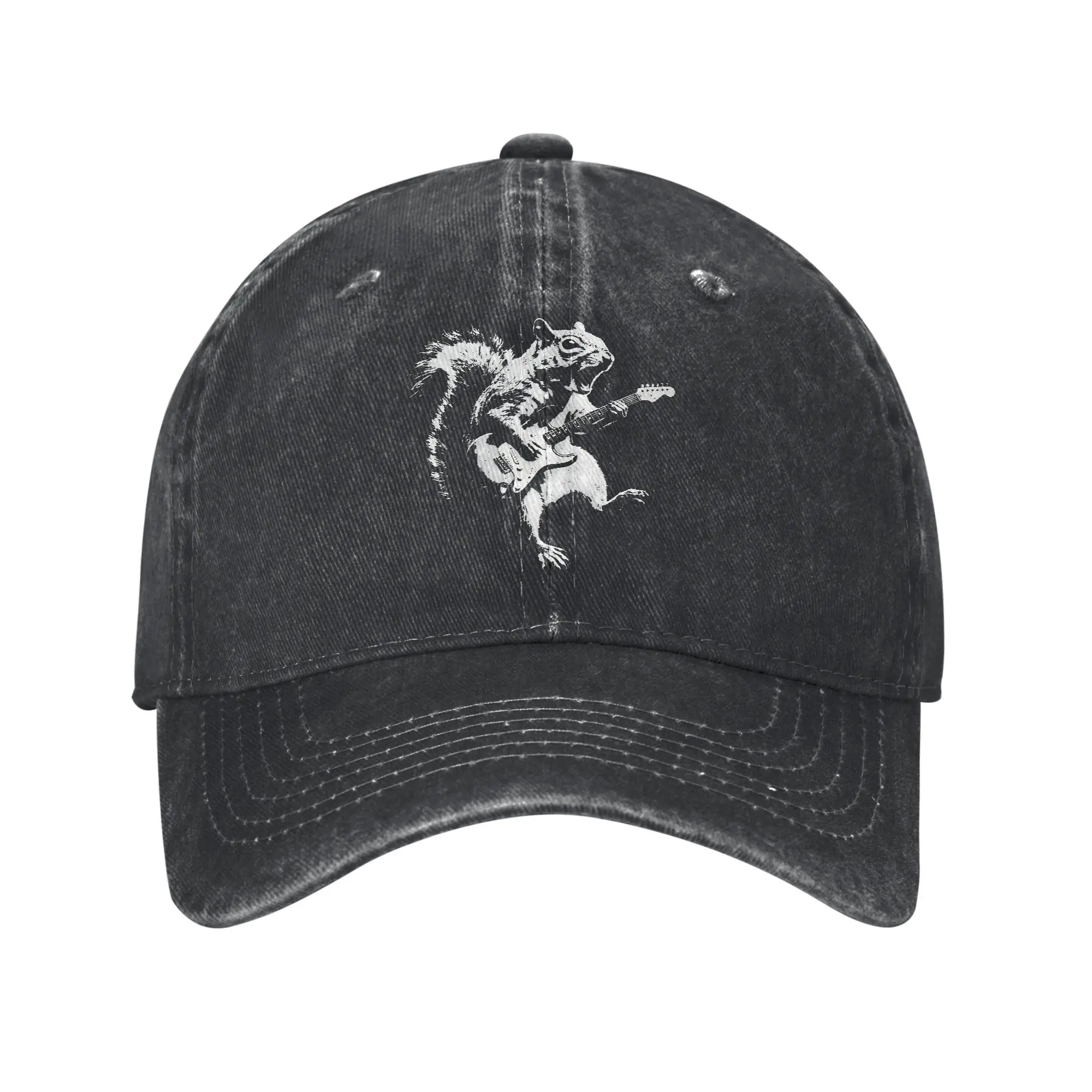 Spring Funny Rock n Roll Squirrel Playing Electric Guitar Rocker Classic Baseball Cap Sun  High Quality DIY Washed Hip Hop Hats
