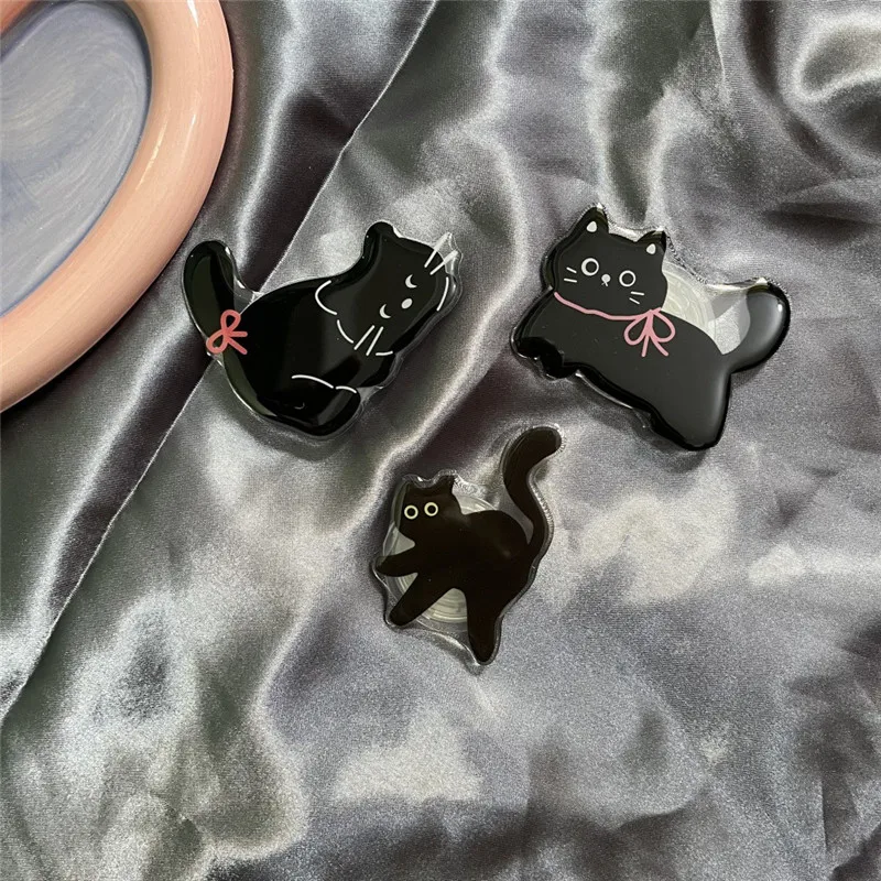 Animals Black Cat Mobile Phone Holder Stand INS Grip Tok Finger Ring Bracket For IPhone 15 14 Samsung Huawei Foldable Hoder