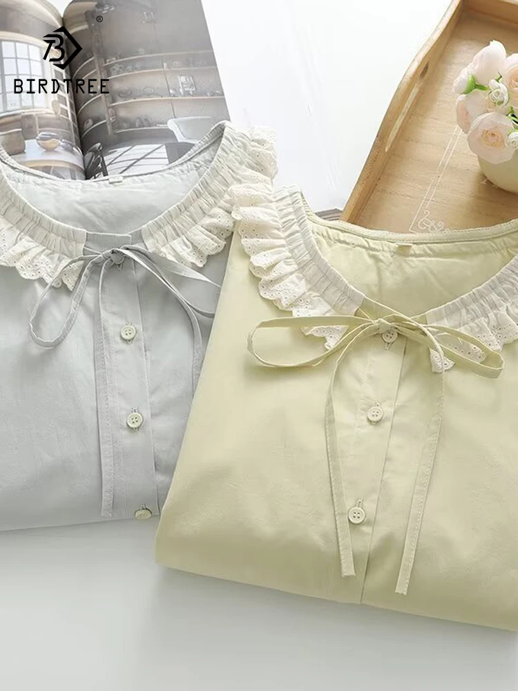 

New 2025 Summer Cotton Short Sleeve Shirt, Women O Neck Lace Patchwork, Mori Girl Vintage French Sweet Loose Blouse T55643CC