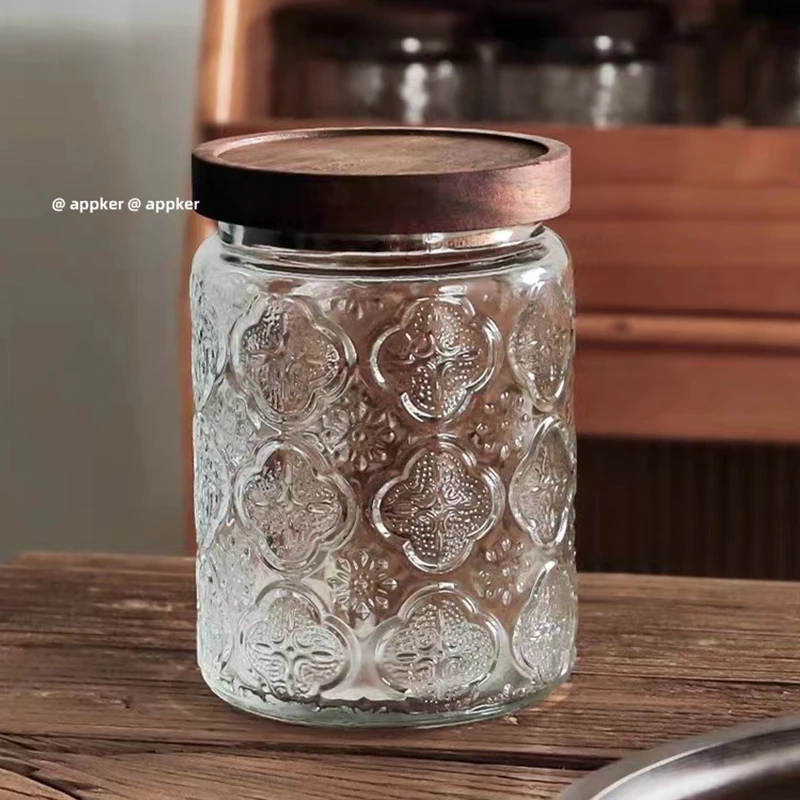 KEMORELA Vintage Glass Jar Canister Storage with Seal Wooden Lid Retro Design Wood Glass Airtight Canister Embossed Container