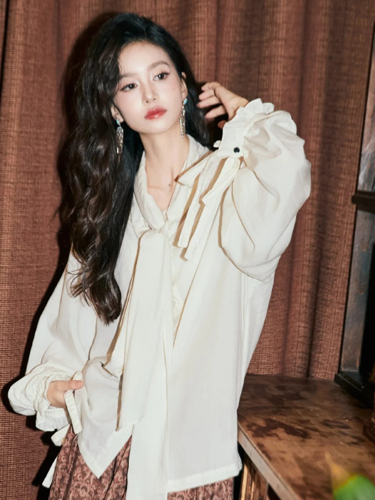 

Yann M Original Design Loose irt with Bow Tie Lantern Sve for Women Sweet Retro Sle Autumn Winter Faion