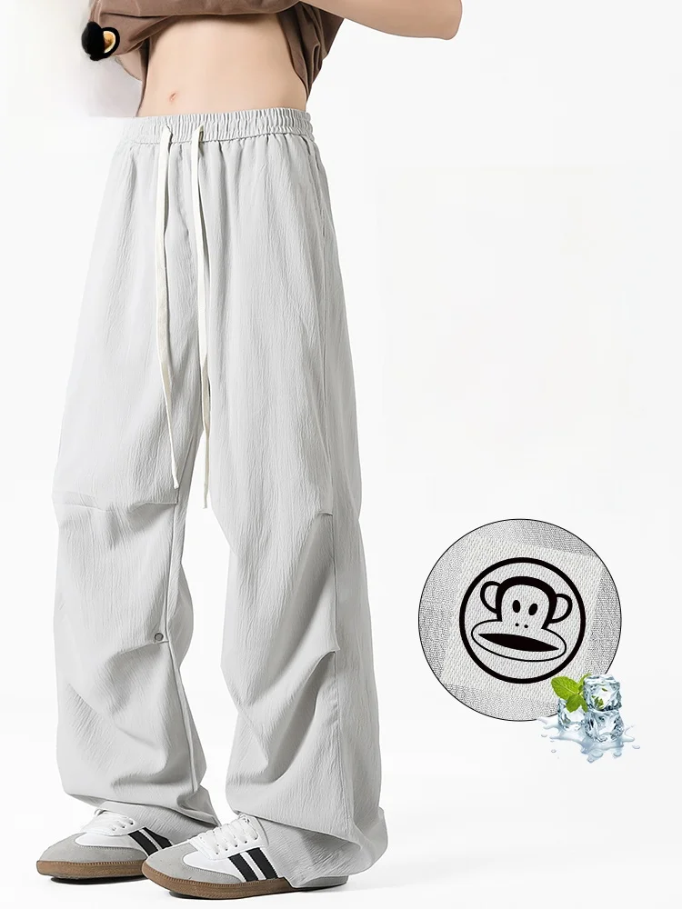 

PaulFrank Ice Silk Qui Dry Sport Pants Men Summer Trendy Loose Wrinkle Wide Leg Casual Long Trousers Straight Tube Pants