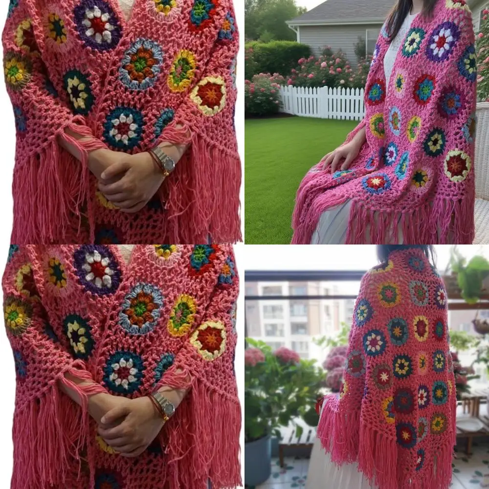 

70x34 Crocheted Fringe Poncho Shawl for Women - Granny Square Style Coat Sweater