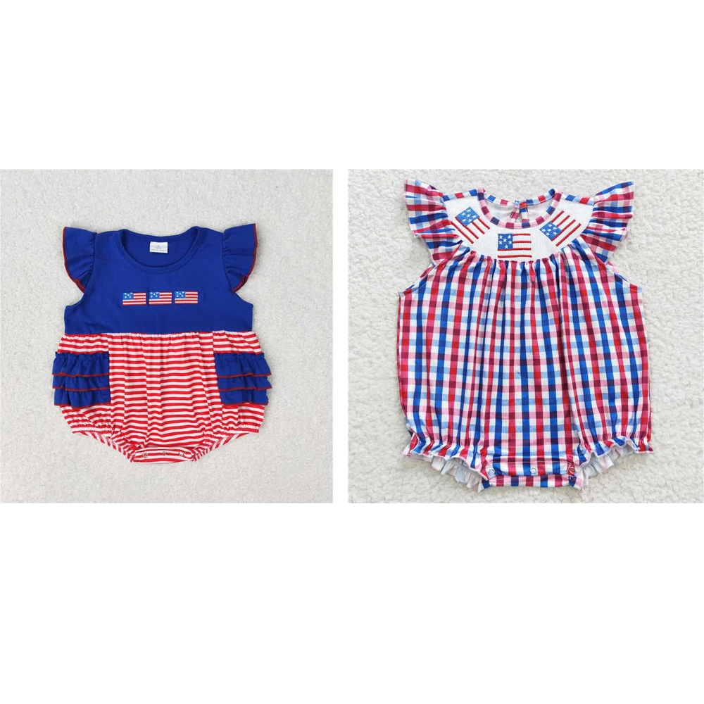 

Wholesale 4th of July western girls rompers newborn toddler Embroidered flag red and white stripes navy blue lace vest onesies