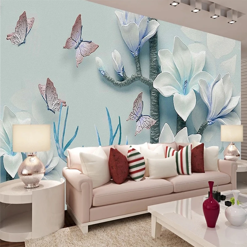 

Custom 3D Wallpaper Modern Relief Magnolia Flower Butterfly Mural Living Room TV Sofa Bedroom Home Decor Papel De Parede 3D Sala