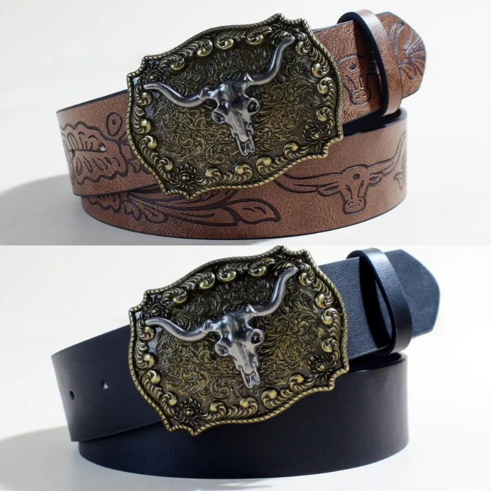 New Western Cowboy Belt in Silver Bullhead Large Board Edge Retro Men's and Women's Embossed PU Leather Punk Belt