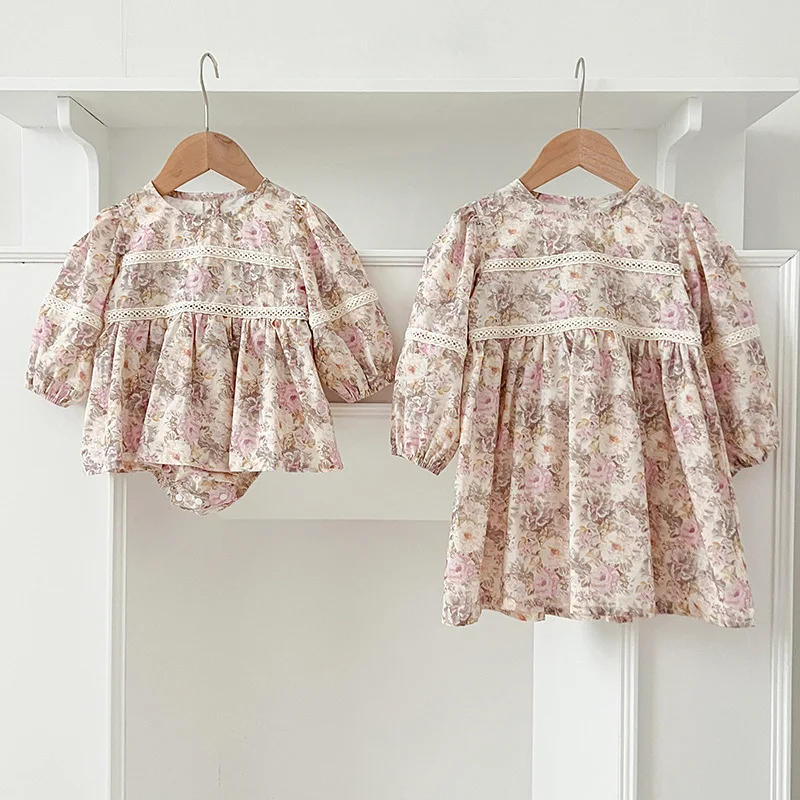 Vintage Floral Sweet Girl Dress Baby Romper Baby Girl Crawling Suit Onesie Sister Outfit