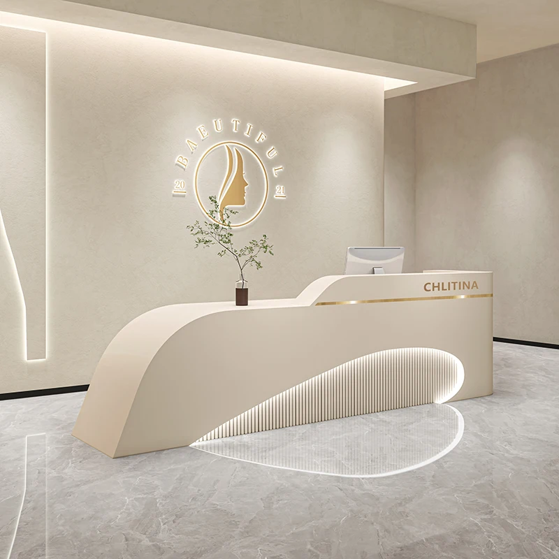 custom.Modern Minimalist MDF Curved Reception Desk LED Light Hotel Clothing Store Beauty Salon Nail Salon Bar Shop Cas