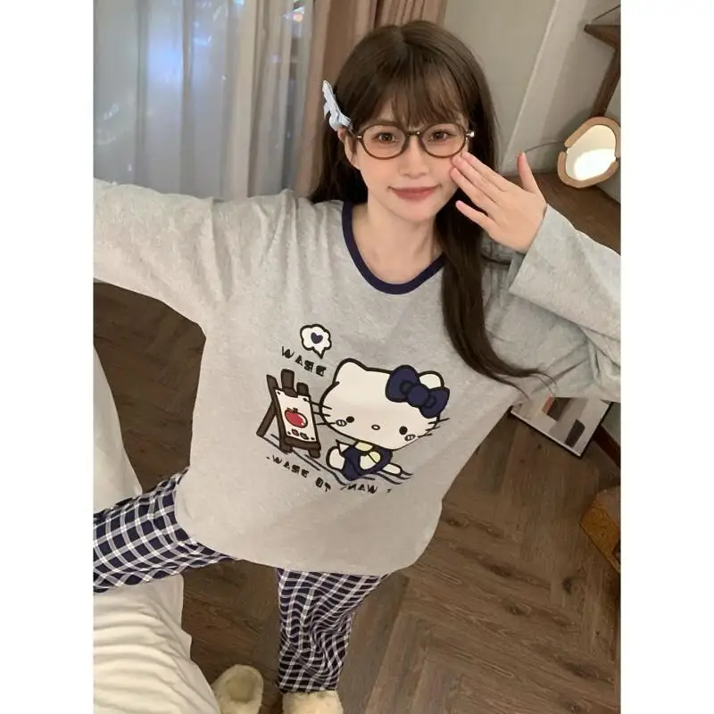 

Комплект женской пижамы Sanrio Hello Kitty, цвет «лазурный шотланд», с рукавами, для студенток и подростков, домашняя одежда, одежда для отдыха, кавайная одежда для сна